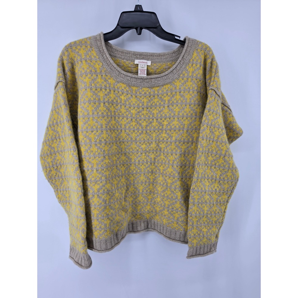 Sundance Yellow Taupe Lambswool Angora Geometric Knit Sweater Large